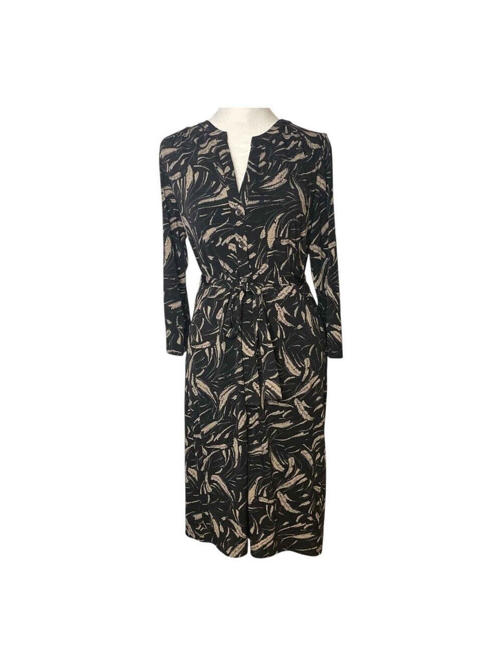 Monsoon Dress Size 4 Black Beige Leaf Print Long Sleeve Button Front Midi Belted